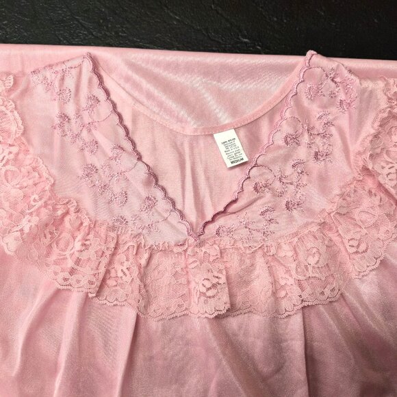 VTG Pink Nylon Full Slip Nightgown M USA Embroidered Front Barbiecore Photo Shoo - Picture 4 of 6